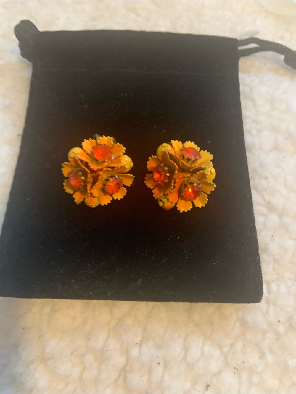 Yellow Floral Cluster Clip On Earrings with Orange Stones